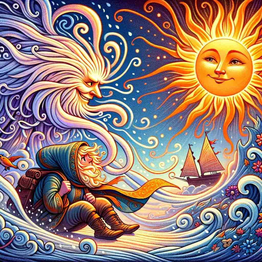 the North Wind and the Sun aesop fables ilustration