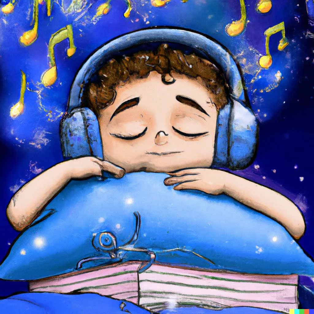 a kid resting his head on a pillow dreaming of music. cartoon