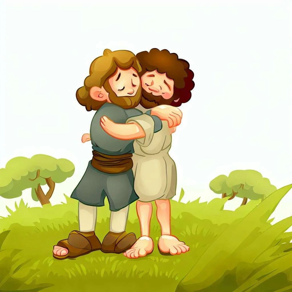 Jacob and Esau hugging each other. cartoon