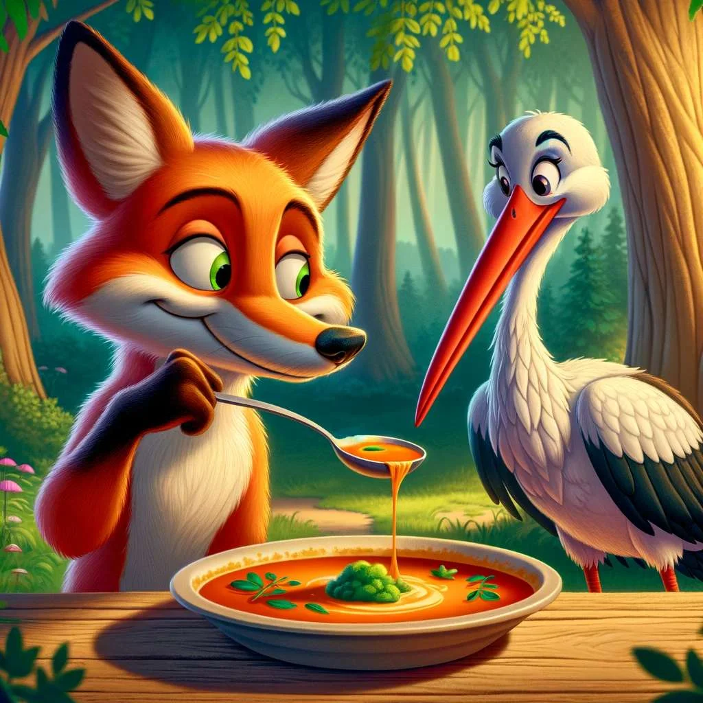 a The Fox & the Stork sharing a bowl of soup cartoon image