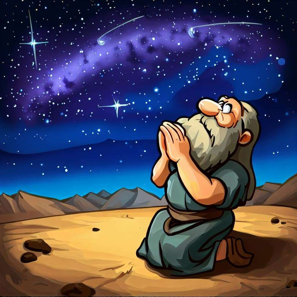 abraham looking at the star praying. cartoon