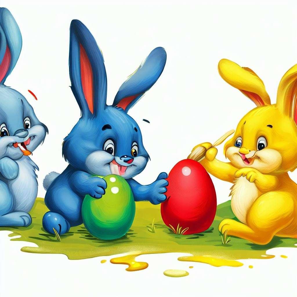 3 eartern bunnies painting eggs