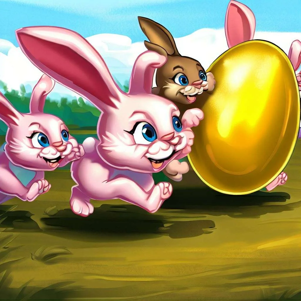 tree bunnies running to find a golden egg