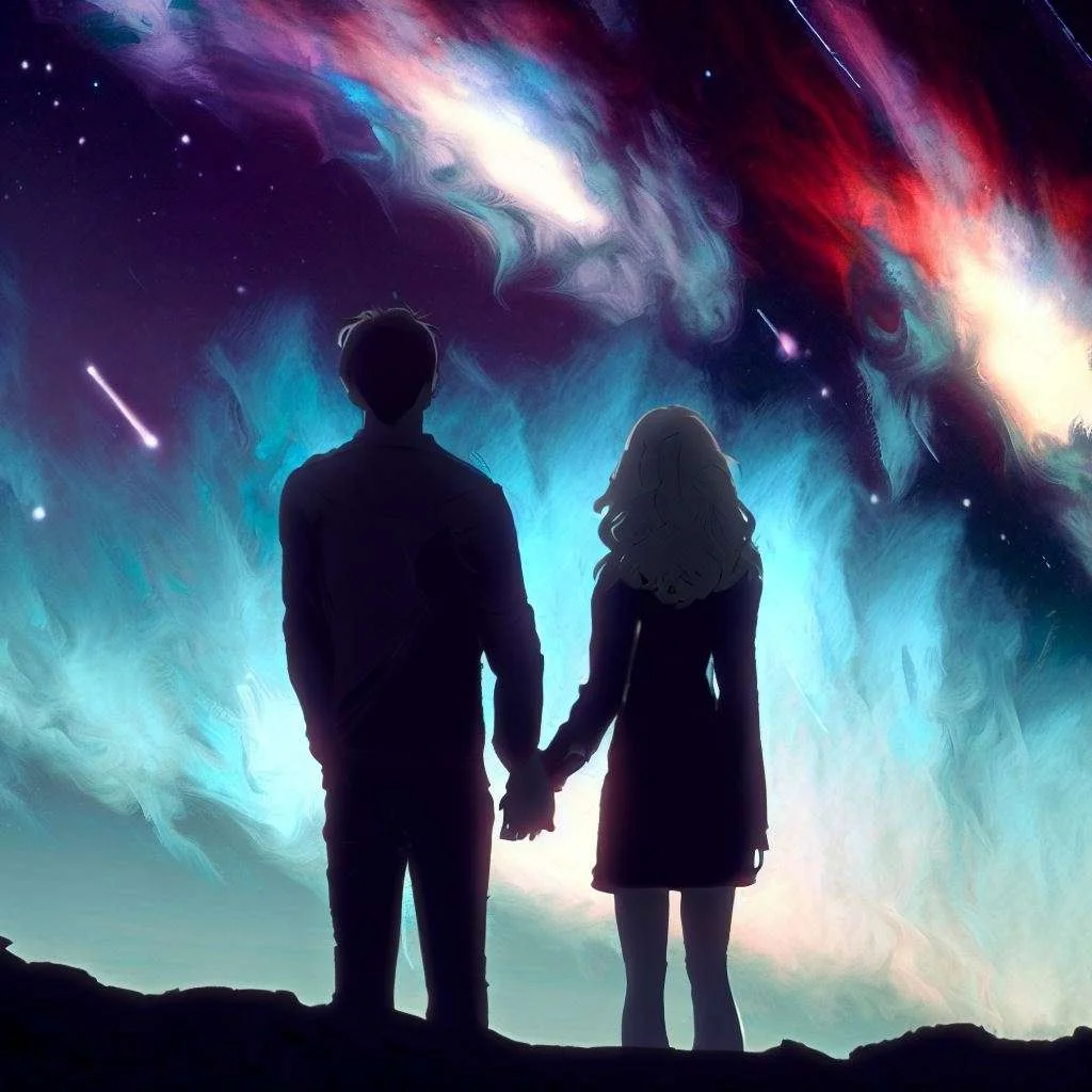 two lovers holding hands looking at the stars