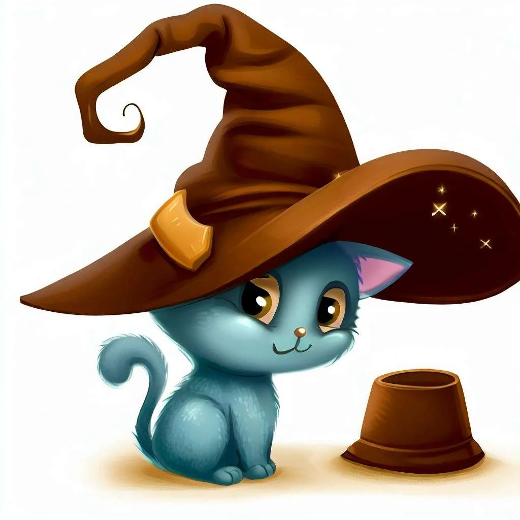 a little blue cat and a brown hat cartoon image