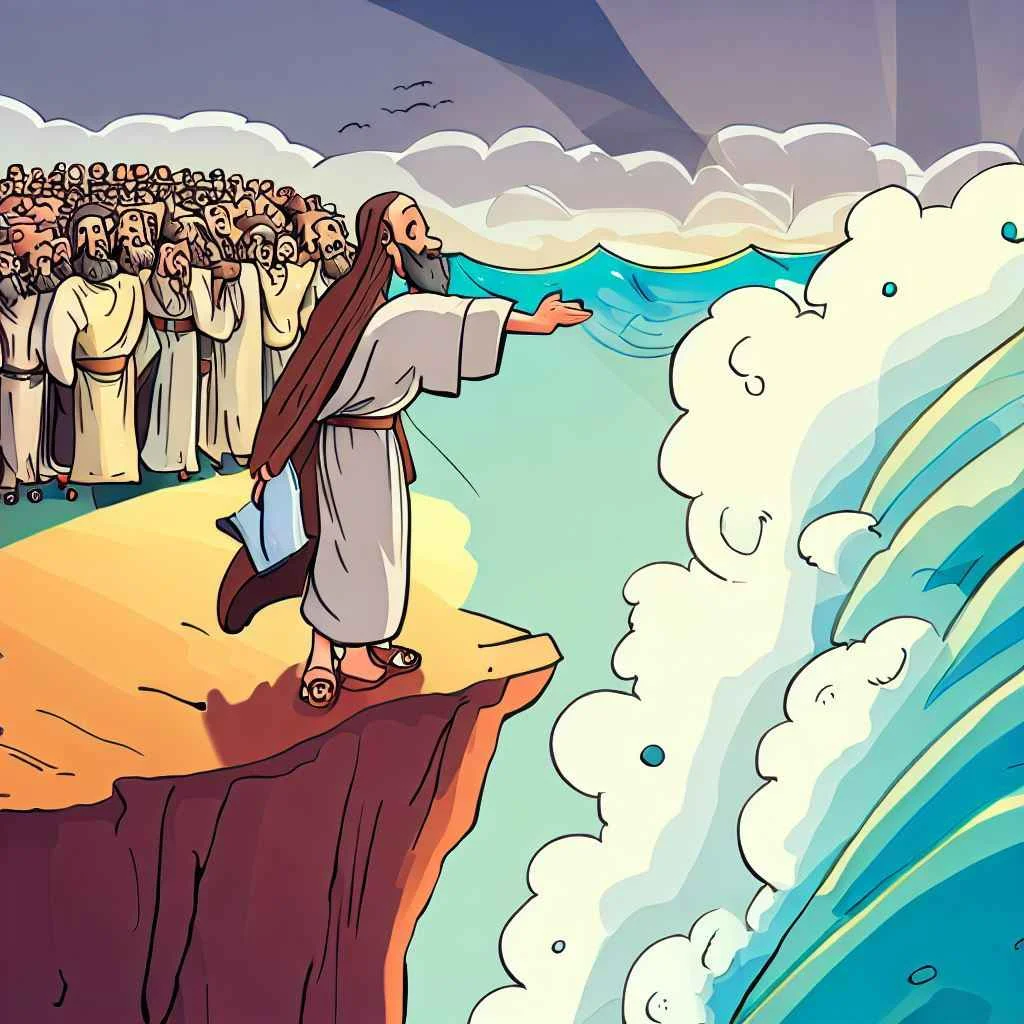moses at the sea while it opens. cartoon image