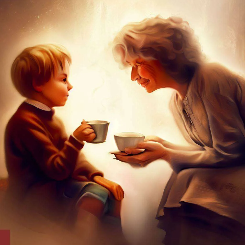a grandmother and a kid holding a cup of tea. A moral story about anger management