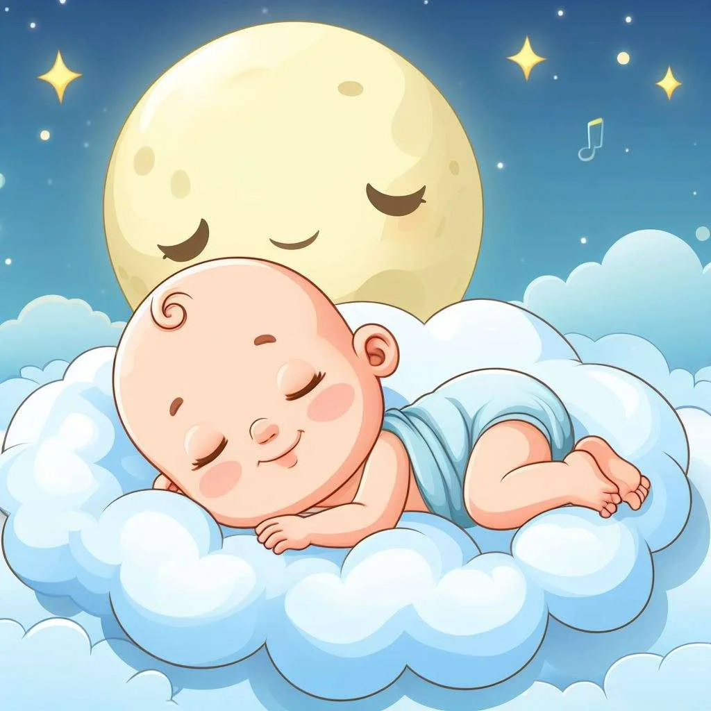 a baby sleeping in a cloud with the moon behind.