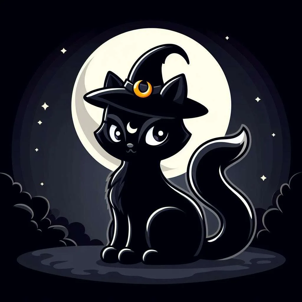 a black cat with a witch hat