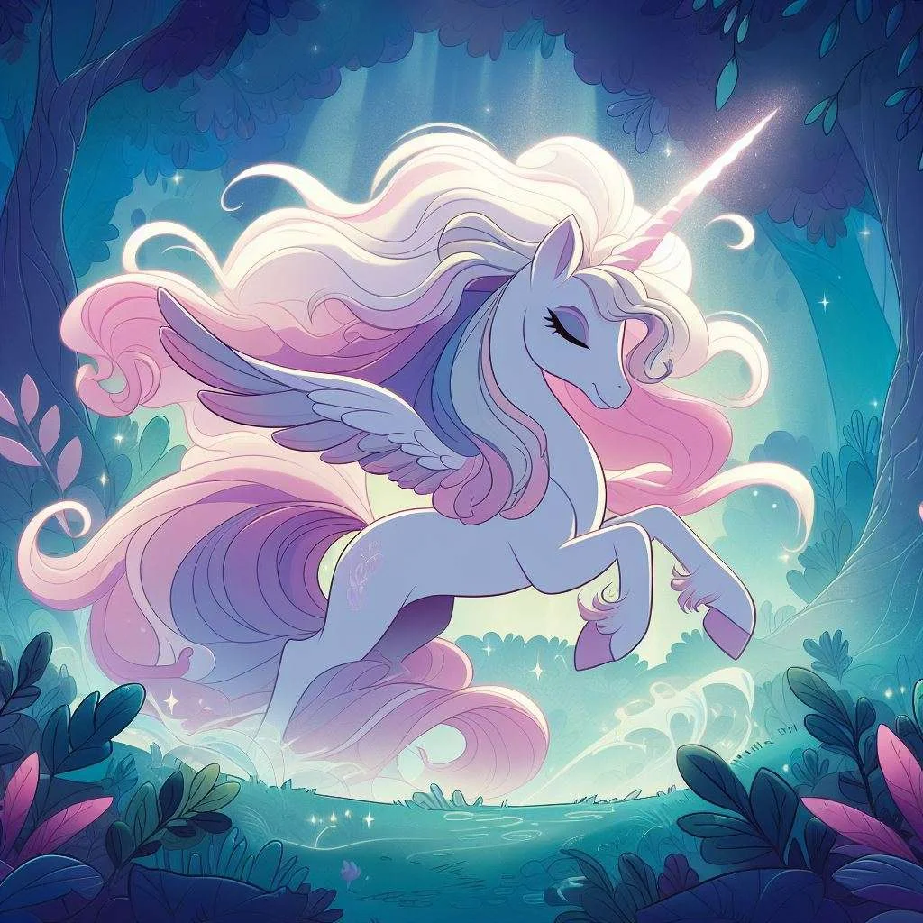 Synva the unicorn protected of the forest magic. Cartoon image