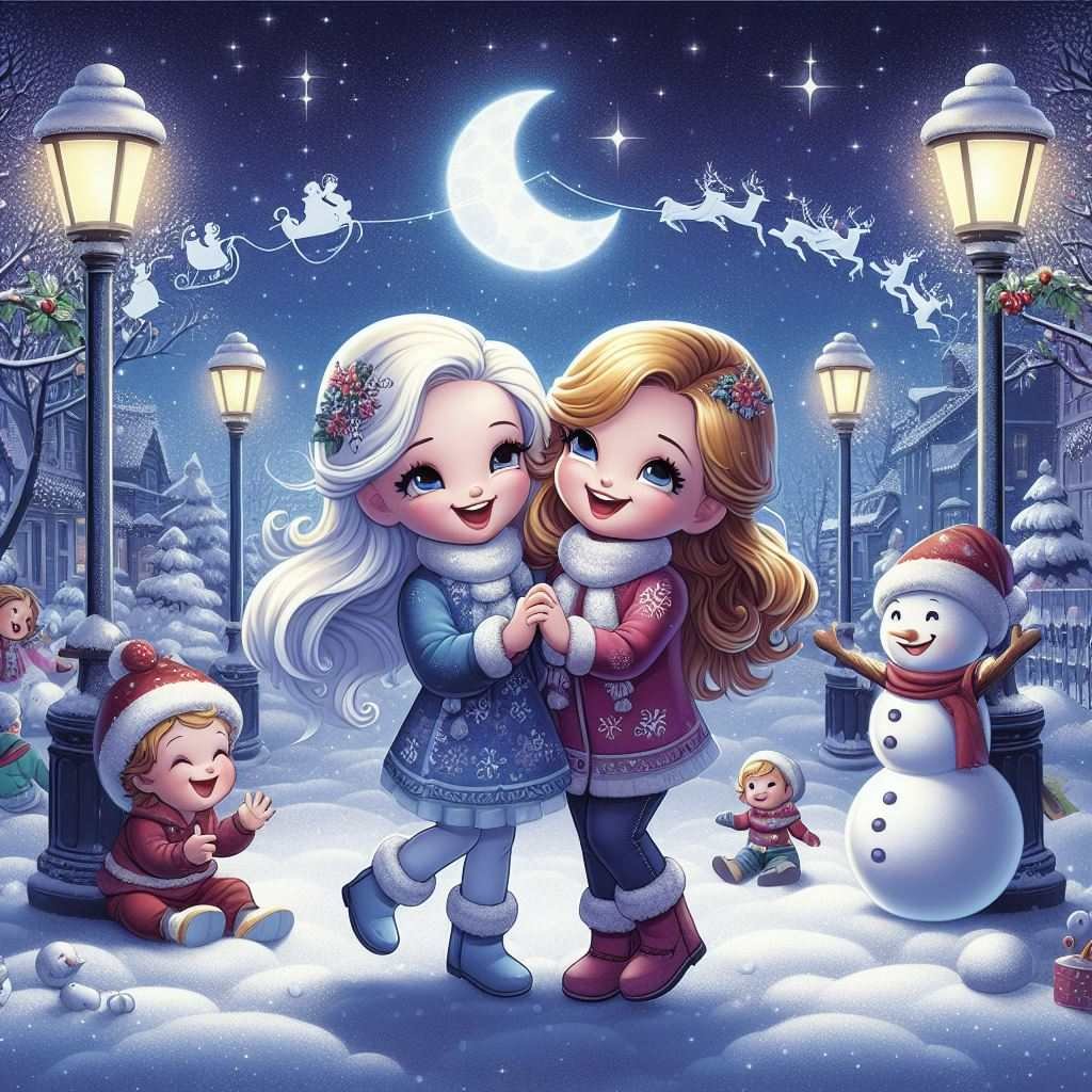 a christmas story about two girls playing on the snow. Cartoon