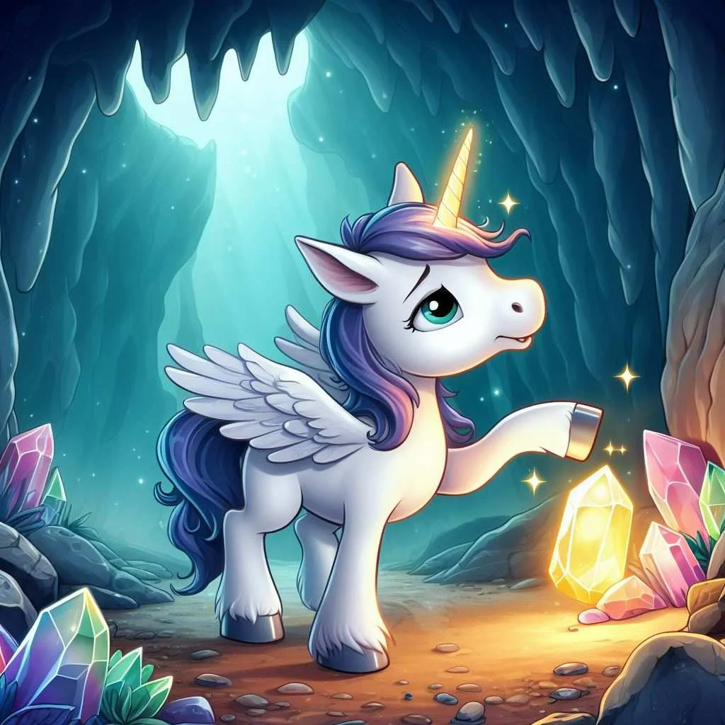 the last unicorn. in a cave with magic crystal. cartoon image
