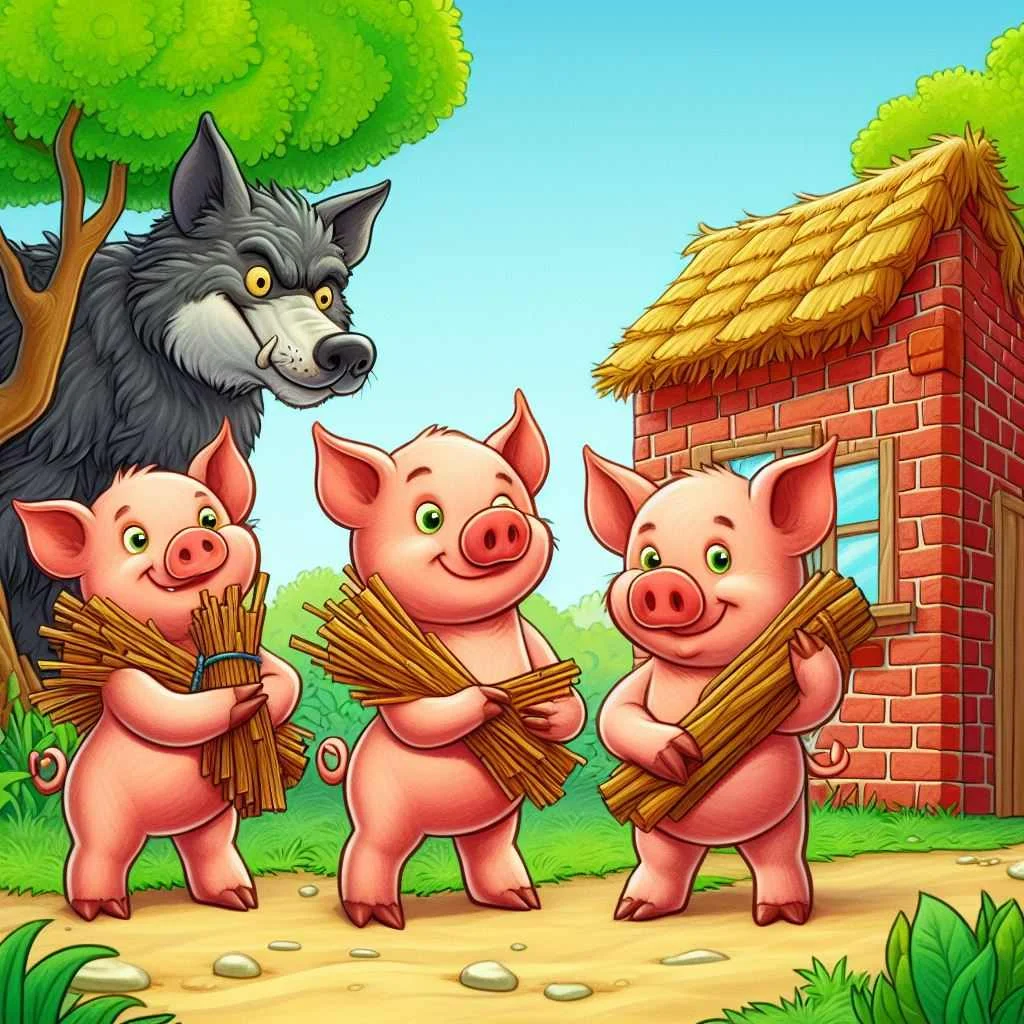 the 3 little pigs and the wolf looking at them. image cartoon