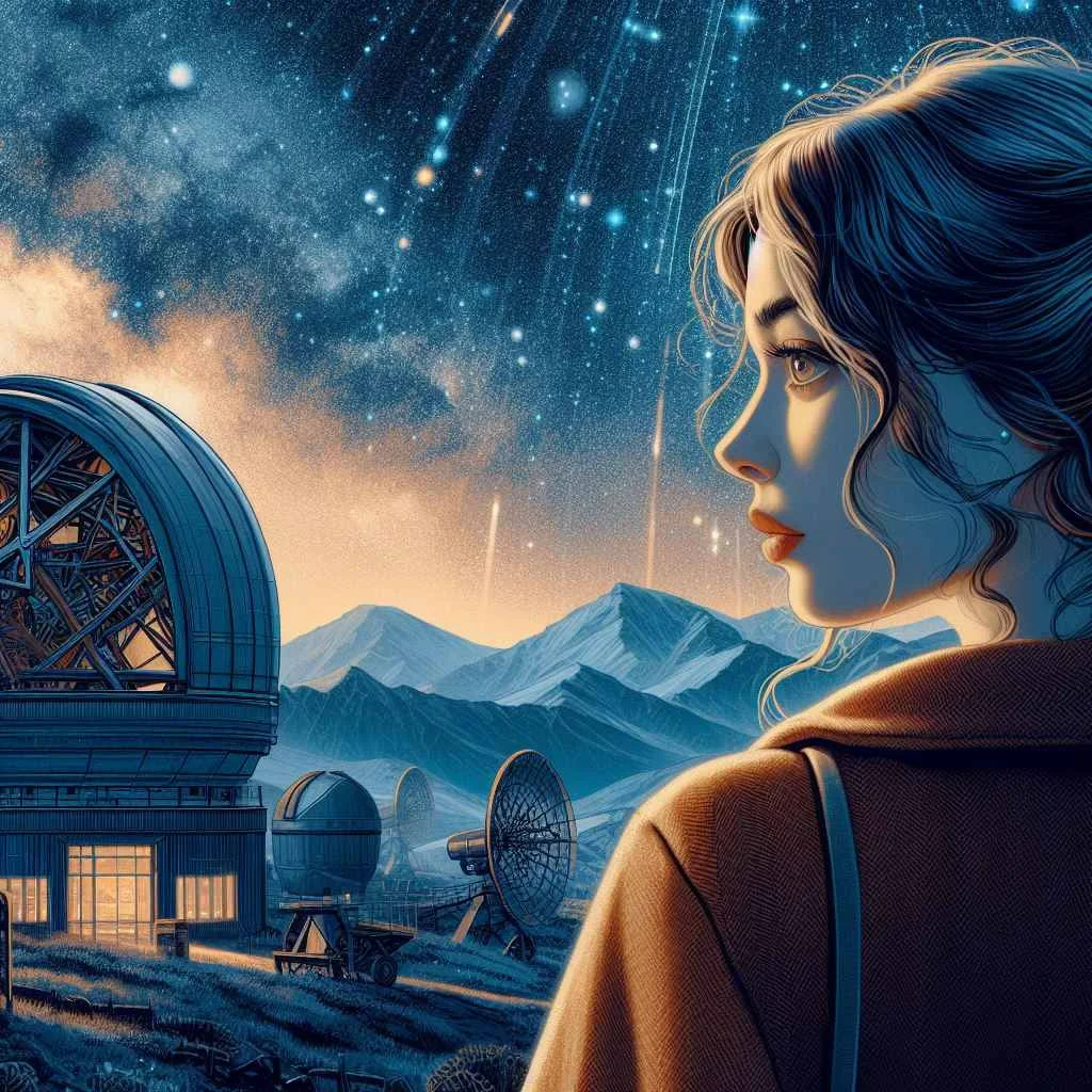a beautiful woman stands infront of an observatory during the night sky.