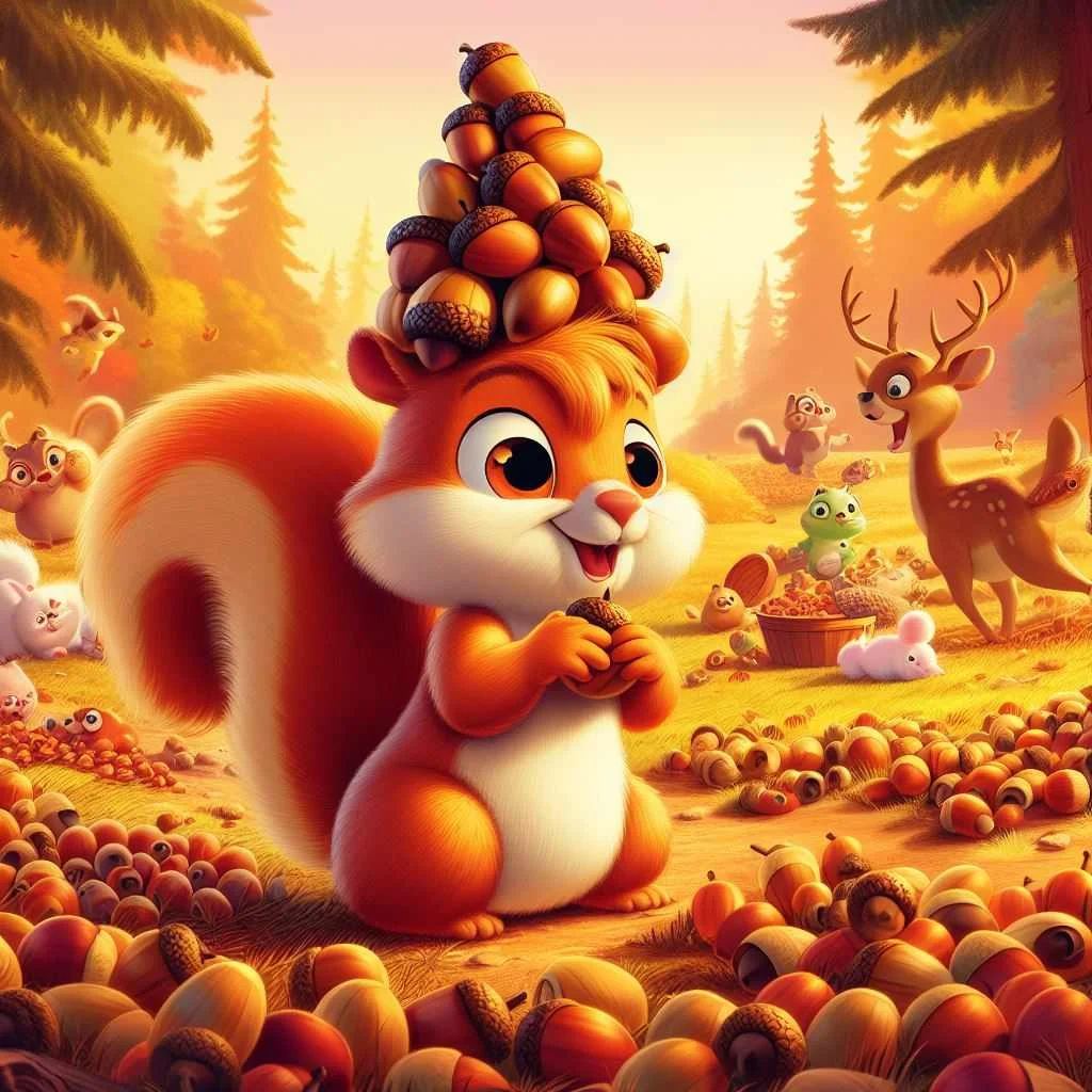 A funny squirel with acorns on his head. Cartoon image