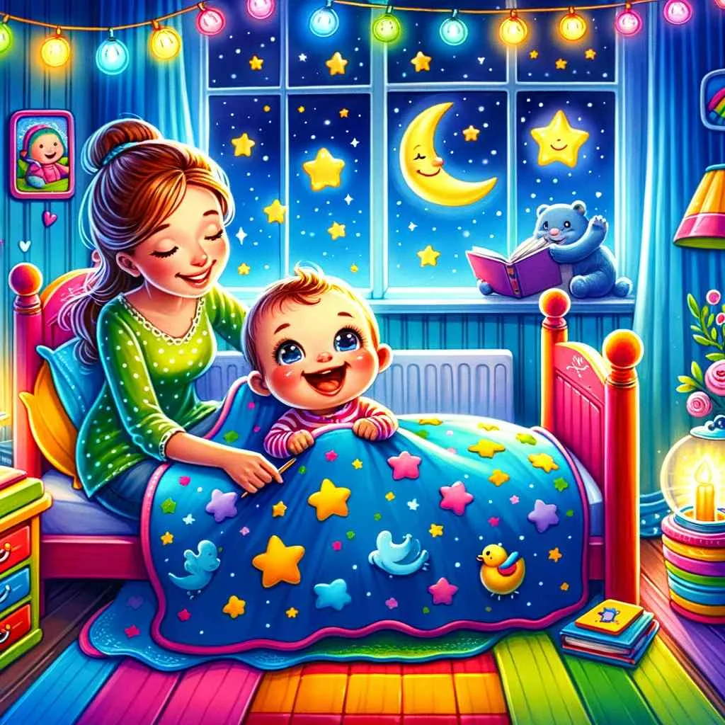 a baby and a mom in room getting ready to sleep, image