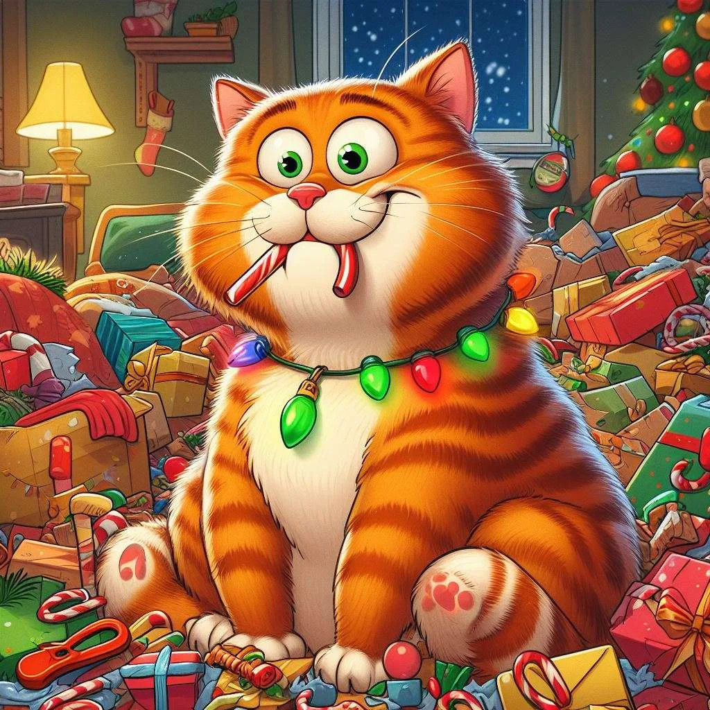 Theo The Cat make a mess on Christmas night. Image Cartoon
