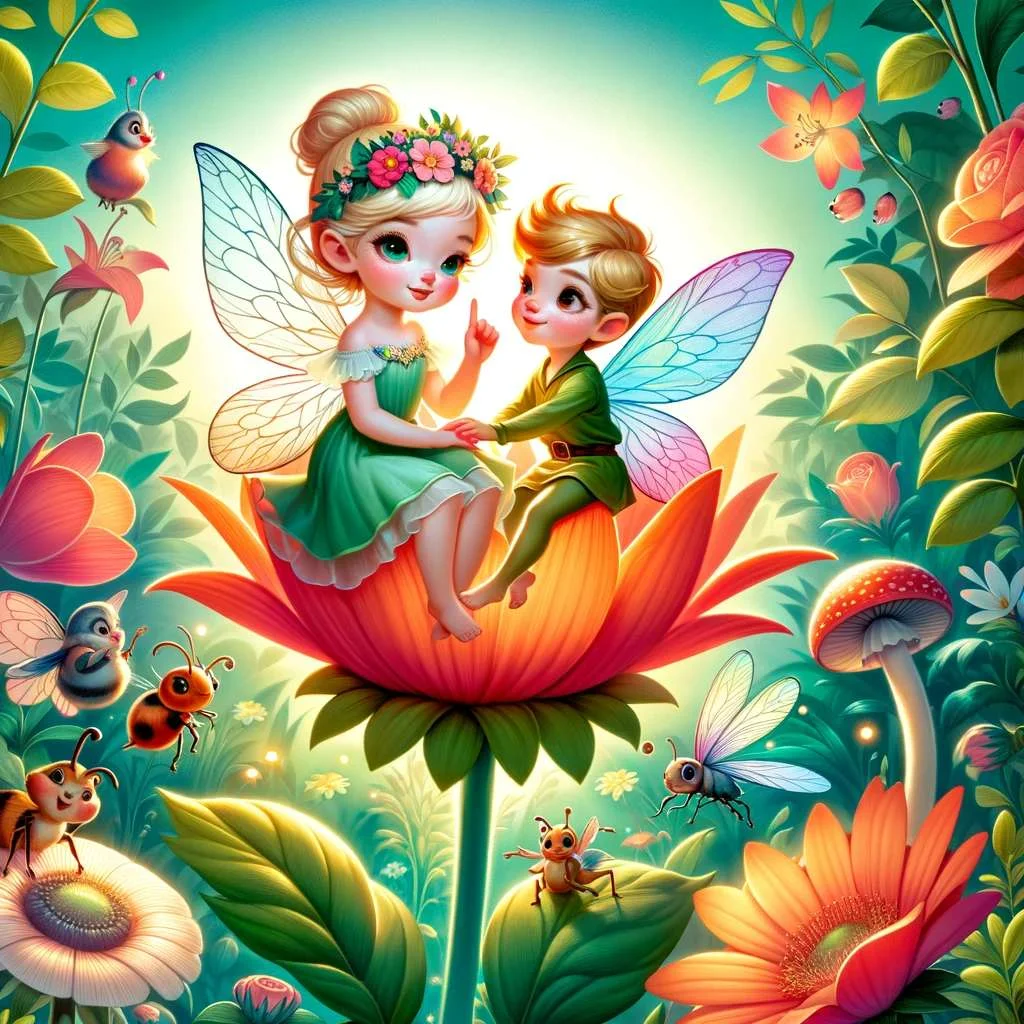 Thumbelina and Cornelious sitting on a flower. Image