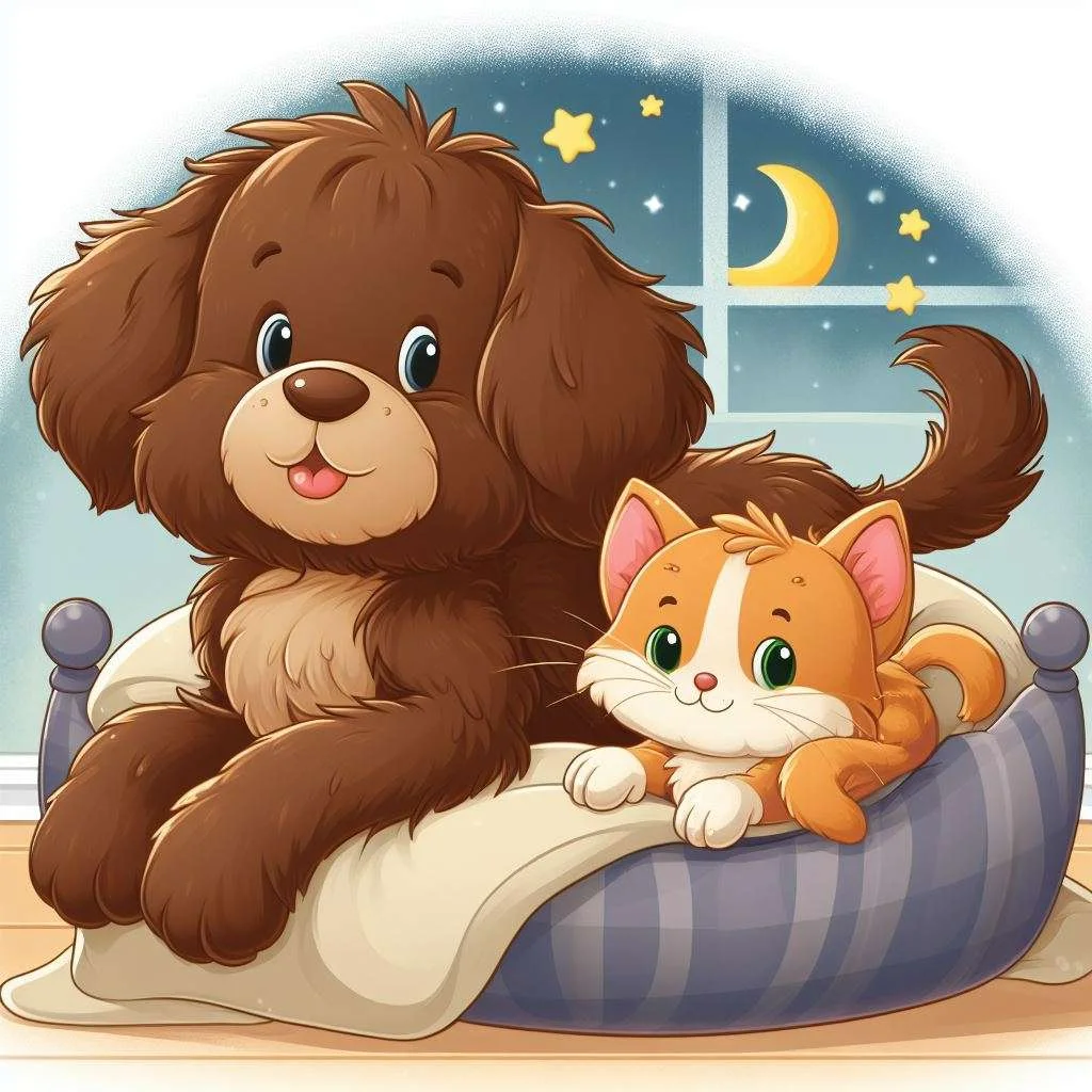 a cute dog and a cat having fun. debtime story . image cartoon