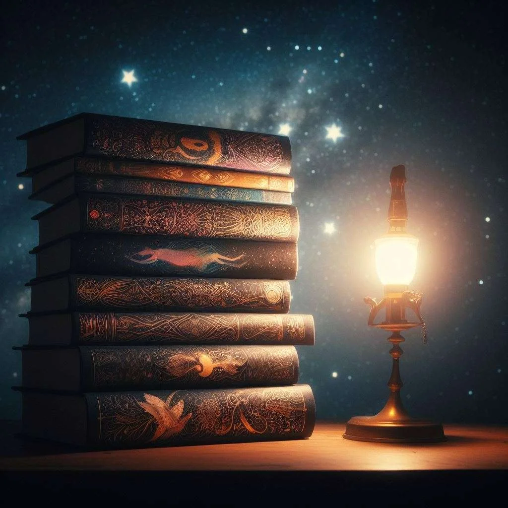 a stack of 10cool bedtime stories for adults beside a lamp