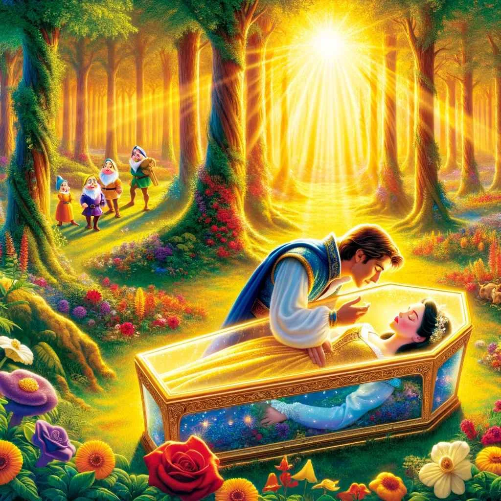 the prince kissing snow white in the coffin. Image cartoon