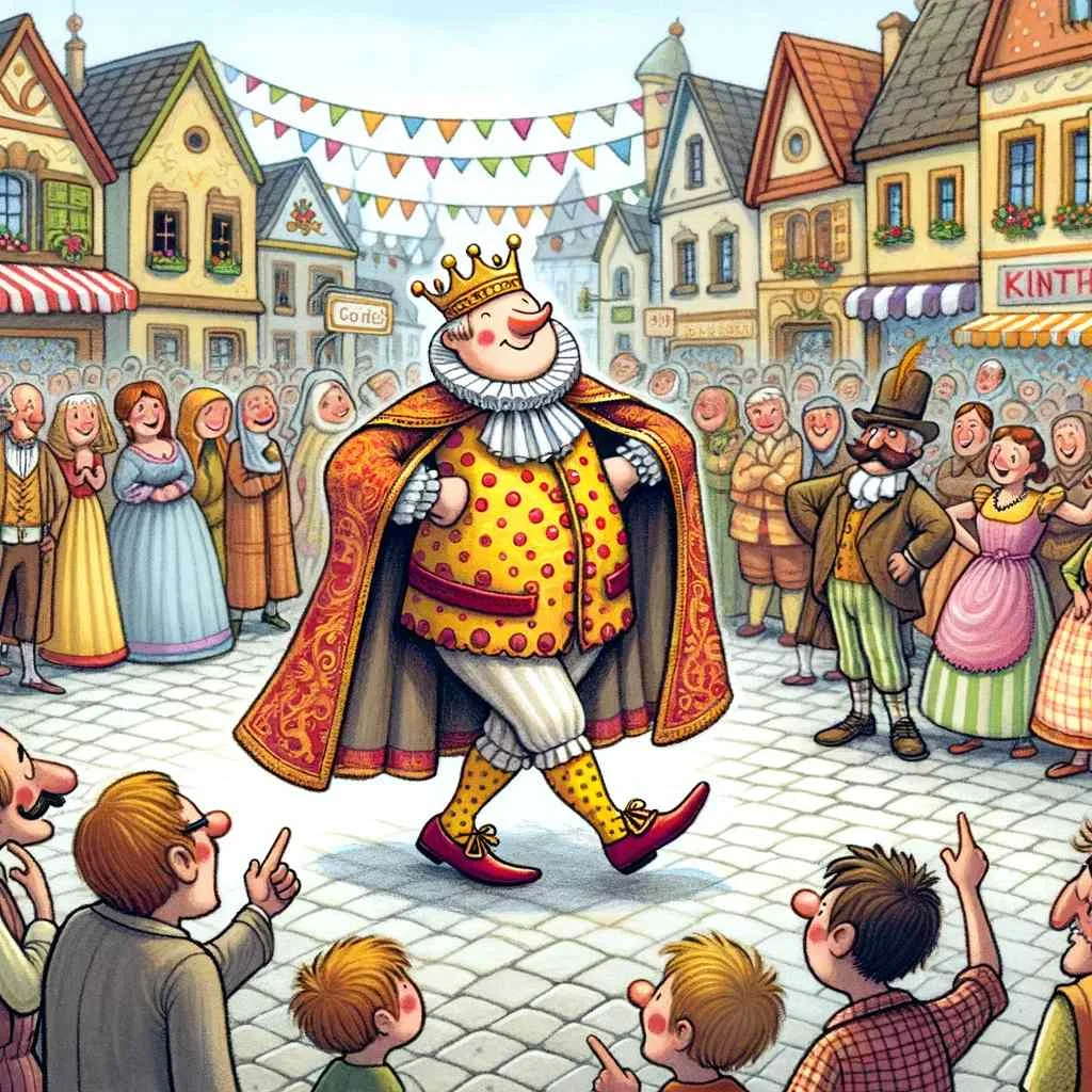 The Emperor's New Clothes," confidently parading in his 'new clothes' through a lively town square, with the small child pointing out the truth. . Image cartoon