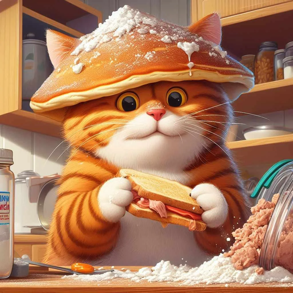 Theo The Cat wears a pancake hat. image cartoon