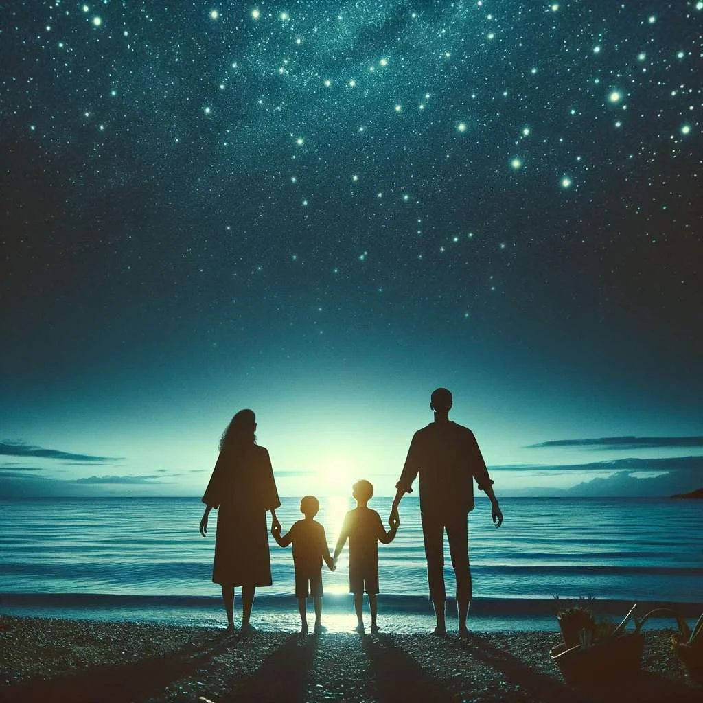 a family holding hands by the sea in a stary night