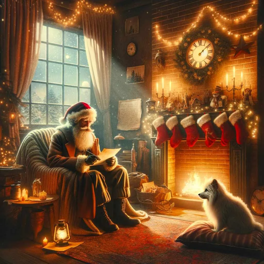 he image inspired by Mark Twain's "A Letter from Santa Claus." The scene is warm and whimsical, capturing the essence of a loving father's imaginative storytelling. It features elements like a cozy room with a fireplace, a glimpse of Santa Claus, a letter, and subtle magical touches that bring the heartwarming holiday spirit to life, all styled to evoke the charm and whimsy of the story.