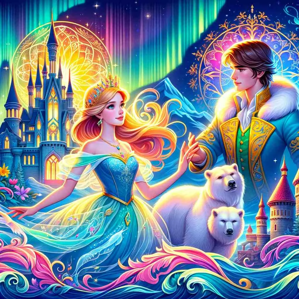 East of the sun and west to the moon story ilustration showing the prince the princess and the bear