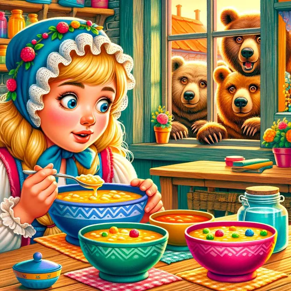 The image captures the moment when Goldilocks is tasting the porridge, with the three bears peering through the window, set in a cozy and charming kitchen environment.