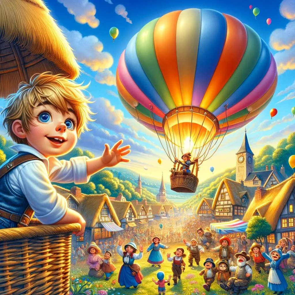 a boy in an air balloom in the air