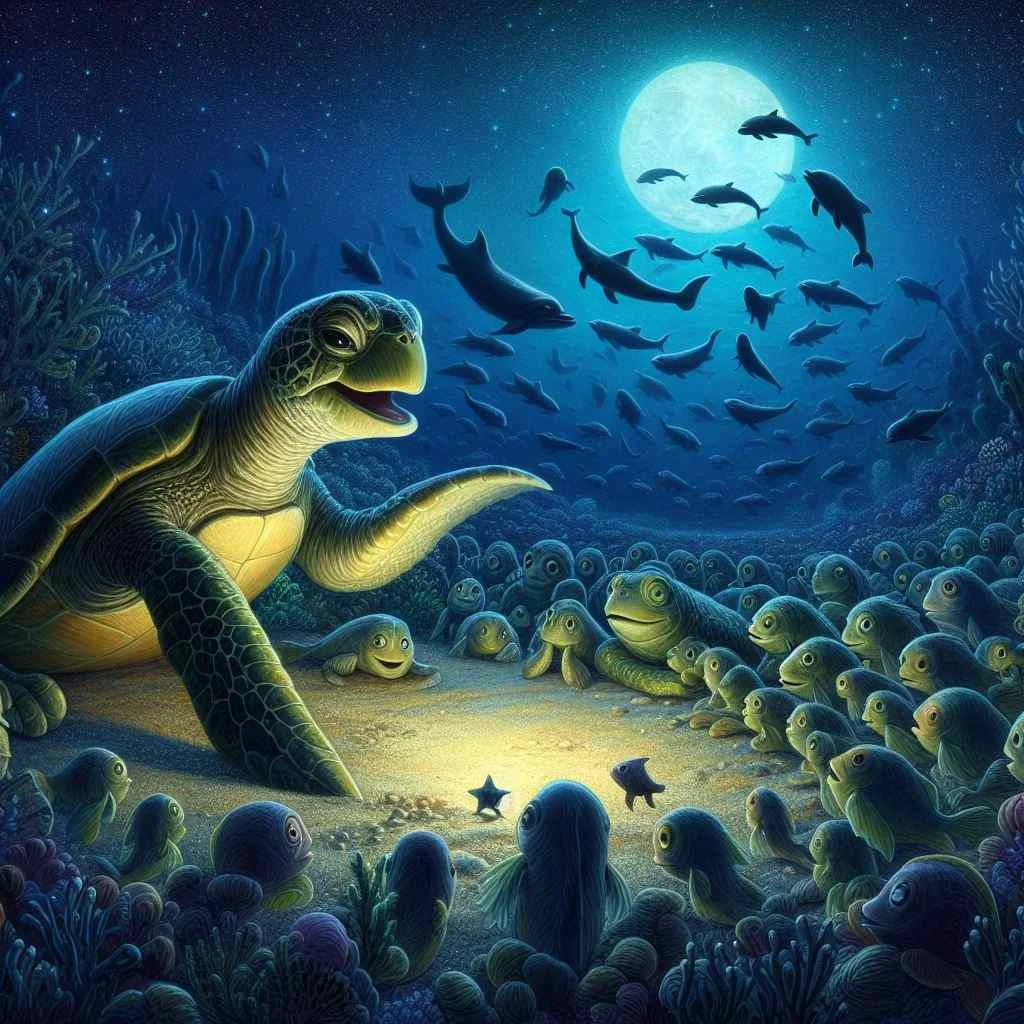 a turtle telling a story to under the ocean. image