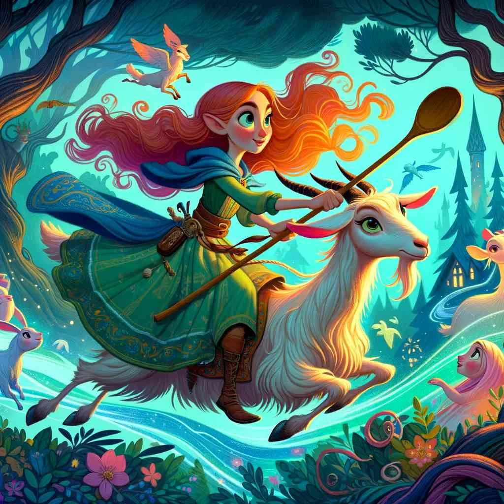 The illustration features Tatterhood riding her goat and her gentle sister, set against a mystical forest backdrop. The style captures the fairy-tale essence of the story with color and whimsy.