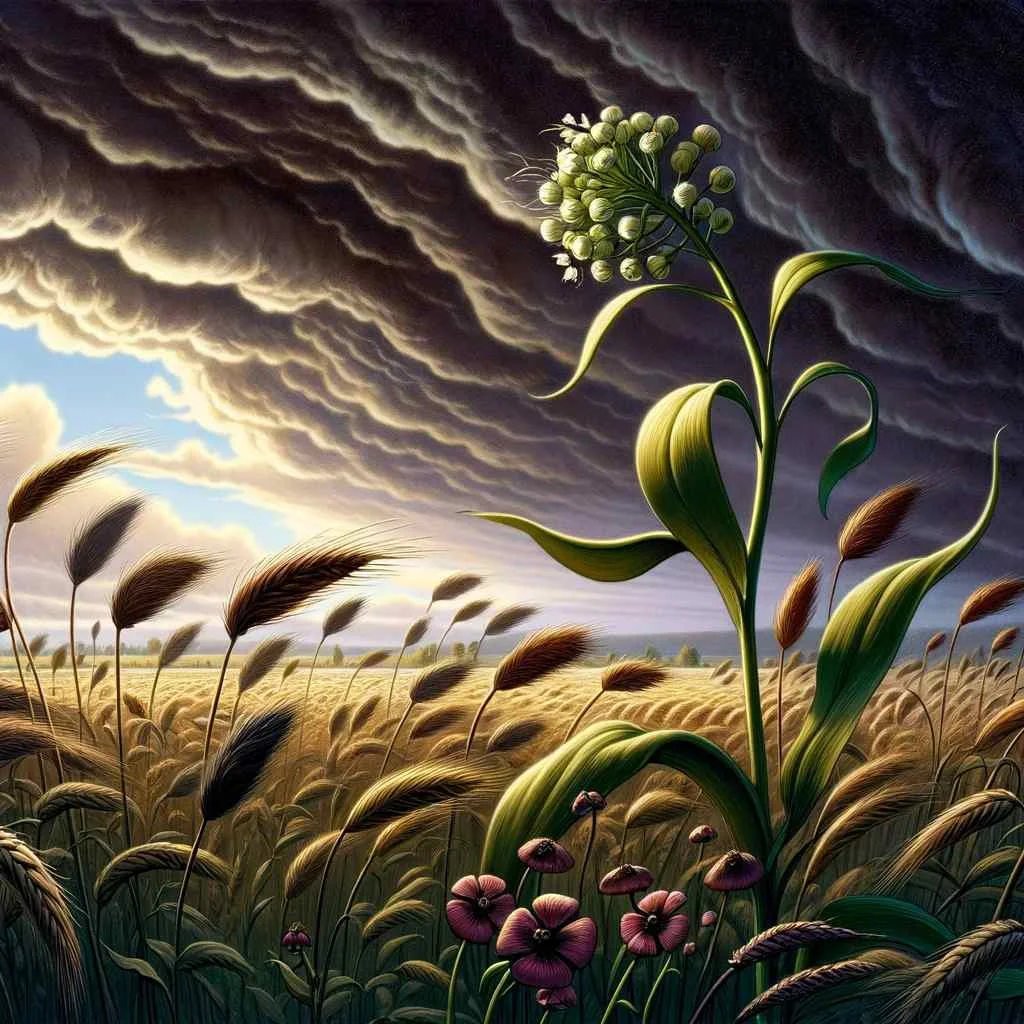 he image portrays the proud, upright buckwheat plant in a field, standing out distinctly while other grains and flowers bow in the wind, with an ominous storm approaching in the background. This captures the dramatic contrast between the defiant buckwheat and the humble, bending plants around it.