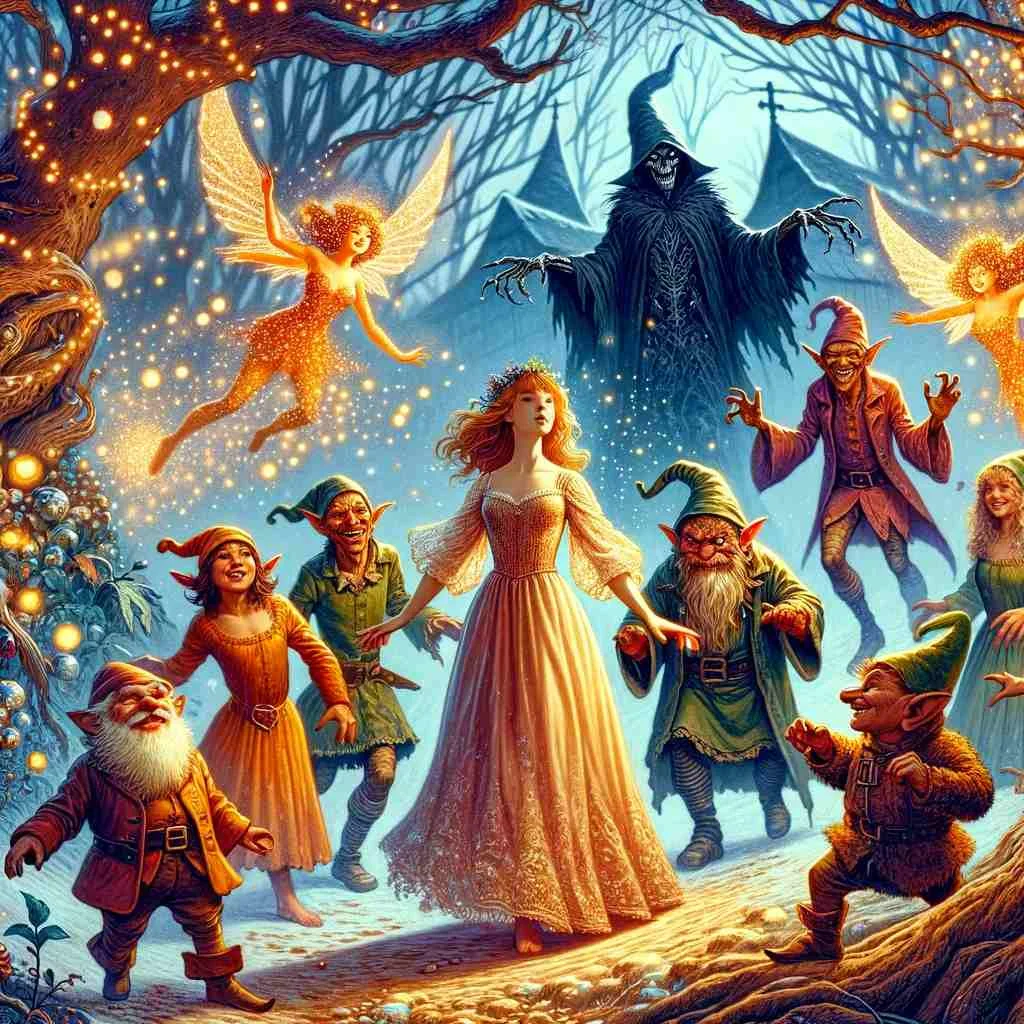 a scene from Hans Christian Andersen's "The Elfin Hill." The image shows the beautiful, mystical Elfin hill covered in violets and primroses, with elfin maidens, goblins, the Night Raven, and a changeling, all elegantly dressed and celebrating inside the hill. The atmosphere is magical and enchanting, capturing the wonder of the fairy tale.