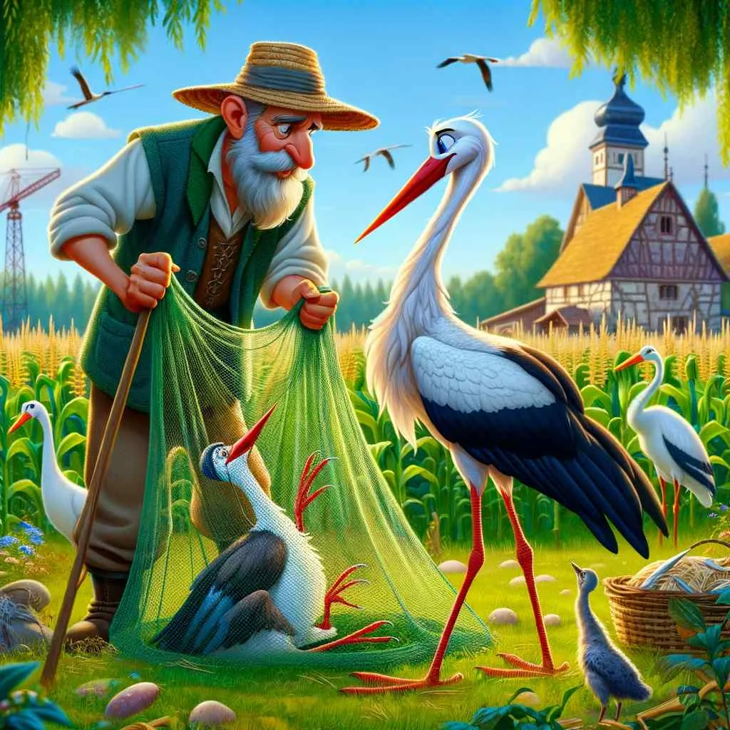 The scene captures the moment of the farmer confronting the stork, set in a vibrant and picturesque landscape. image cartoon