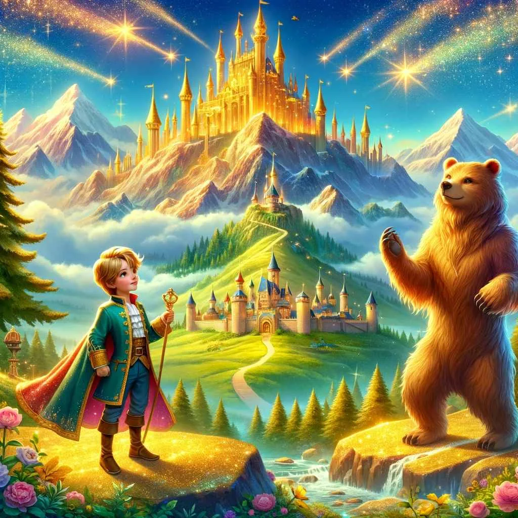 This scene captures the essence of the story, with Jacob standing confidently on the golden mountain, accompanied by his loyal friend and advisor, who was once an enchanted bear. The magical aura and the lush, colorful surroundings add to the fantastical feel of the tale.