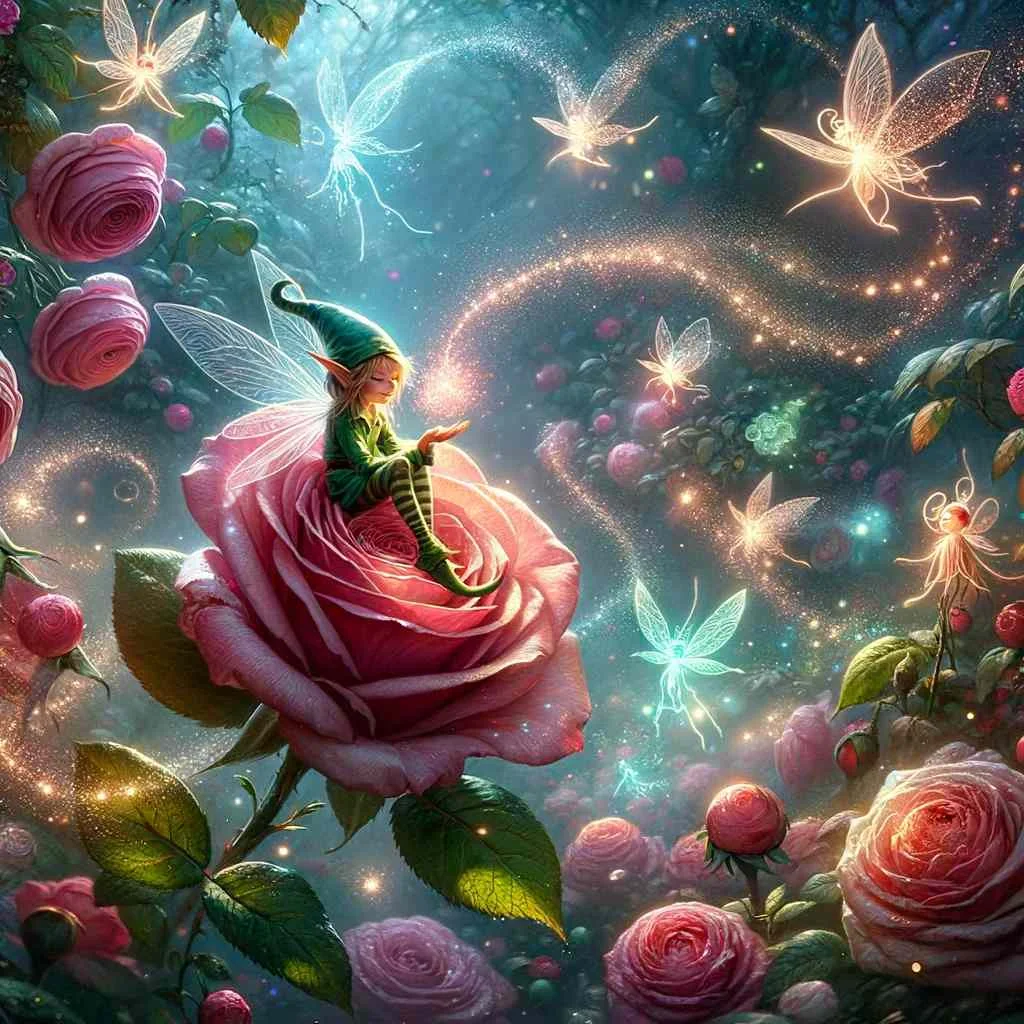 The Rose elf image. . It depicts the elf Elorin in the radiant rose, surrounded by the enchanting magic of the garden, with fairy-like creatures and glowing flowers under the moonlit sky.