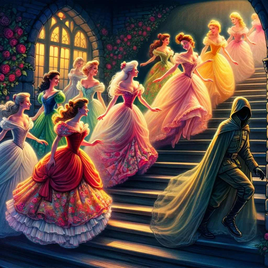 The Twelve Dancing Princesses" image in a vibrant and magical style. The princesses, in their beautiful gowns, are shown gracefully descending the hidden staircase, with expressions of awe and mystery, while the soldier in his invisibility cloak follows them. The enchanting ambiance of the fairytale is captured in this illustration.
