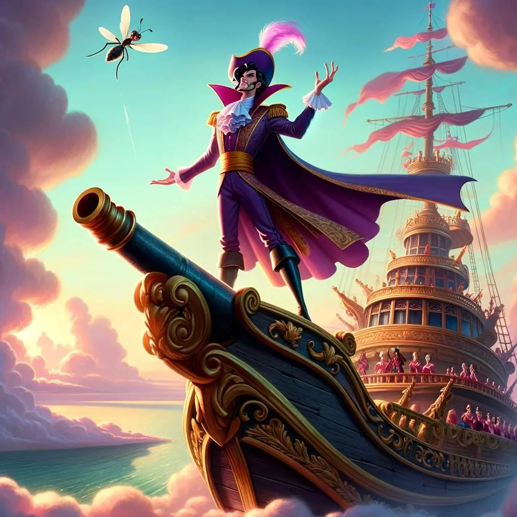 The-Wicked-Prince image. The image capturing the dramatic scene from Hans Christian Andersen's "The Wicked Prince," created in a Disney-like animation style, is ready. It depicts the prince on his magnificent ship, soaring towards the heavens, just before his encounter with the small gnat that leads to his downfall.