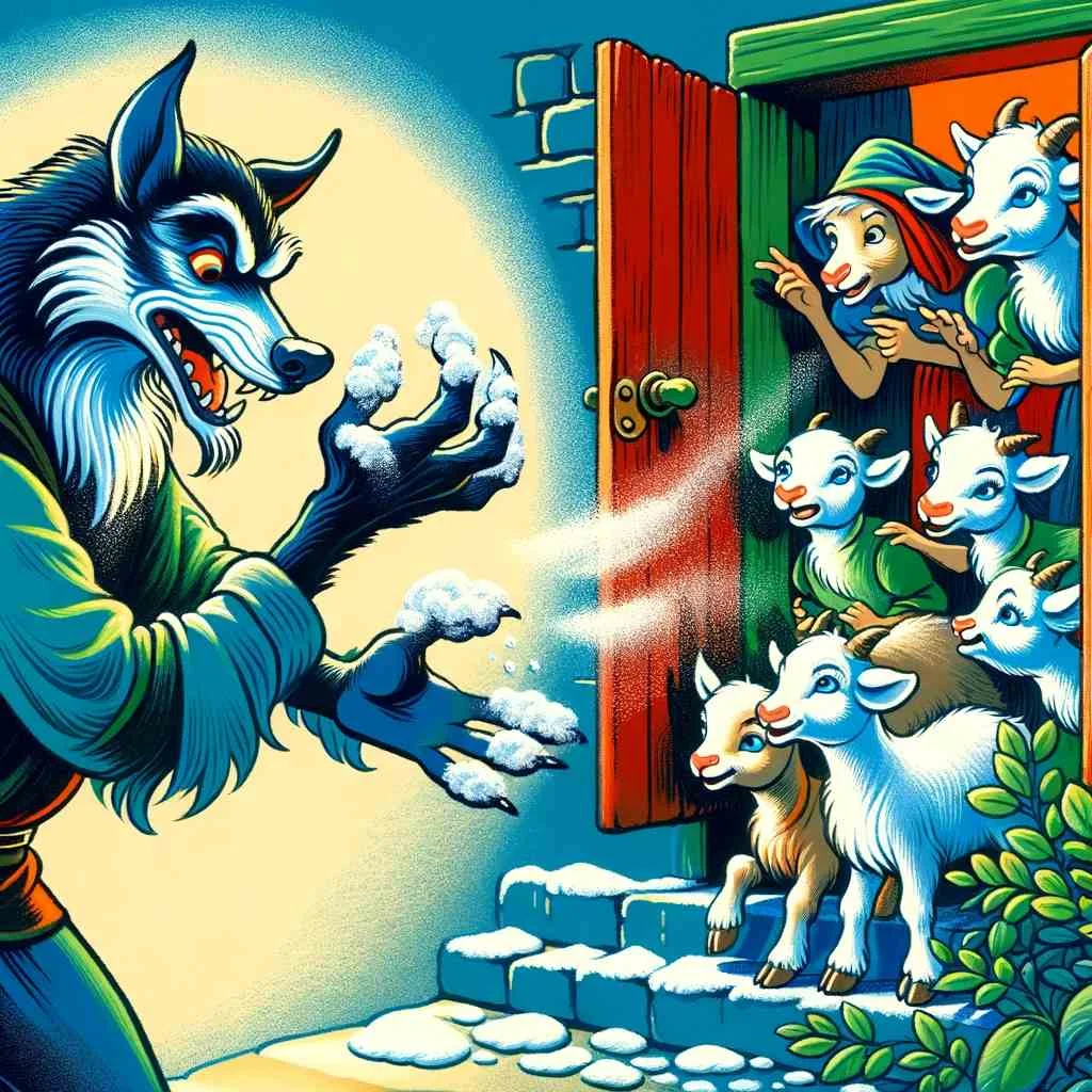 the wolf, with flour on his paws, is trying to trick the seven young goats. The style is vibrant and expressive, designed to appeal to children.