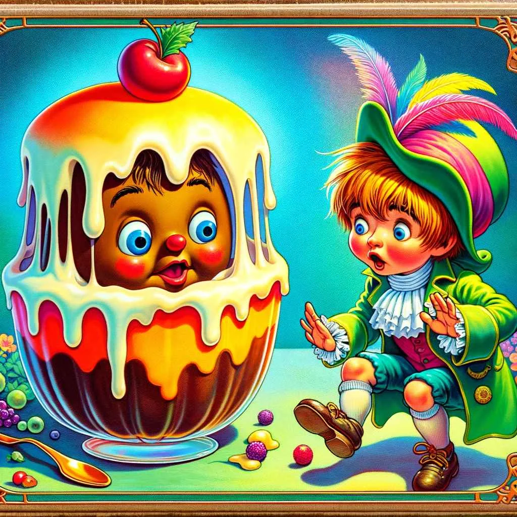 Tom Thumb in the scene where he's inside a pudding, talking to a startled tinker. The style is whimsical and playful, designed to delight young readers. Image