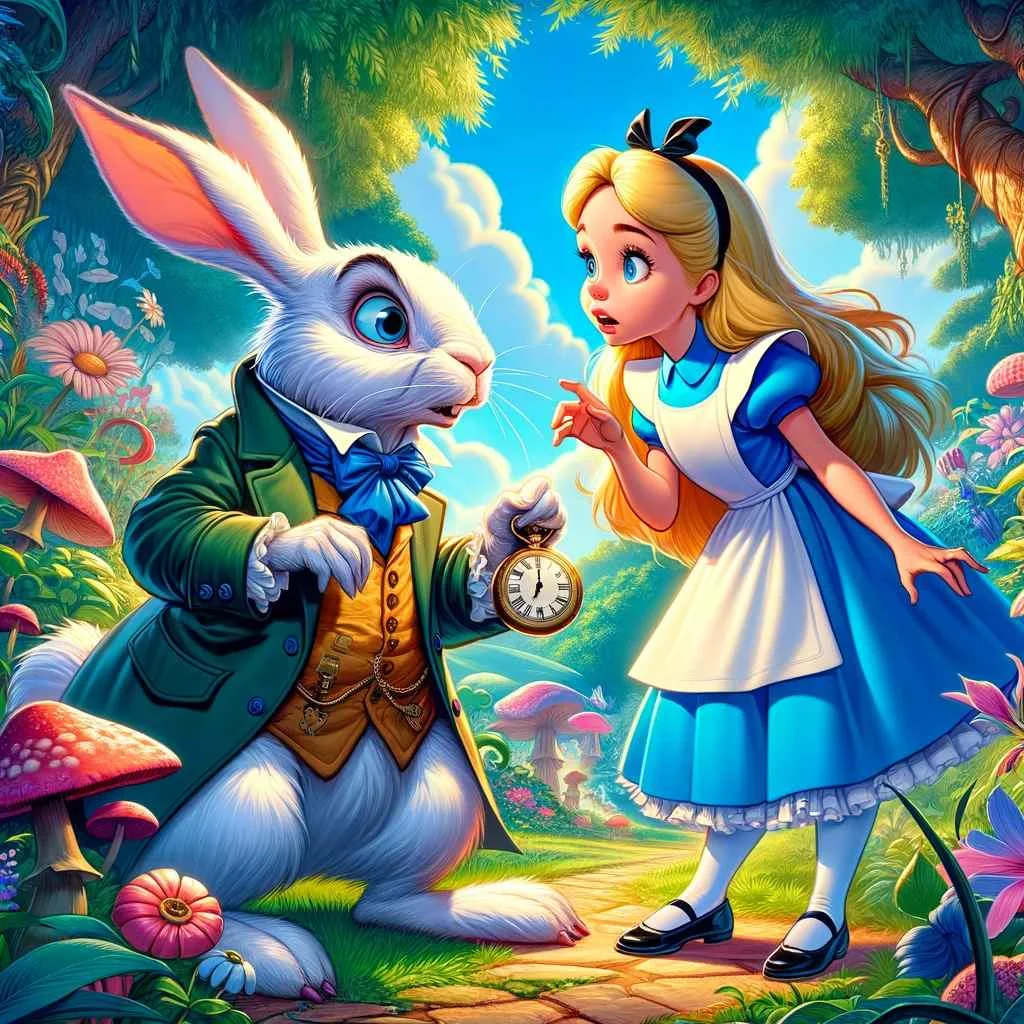 colorful illustration depicting the moment Alice encounters the White Rabbit in Wonderland