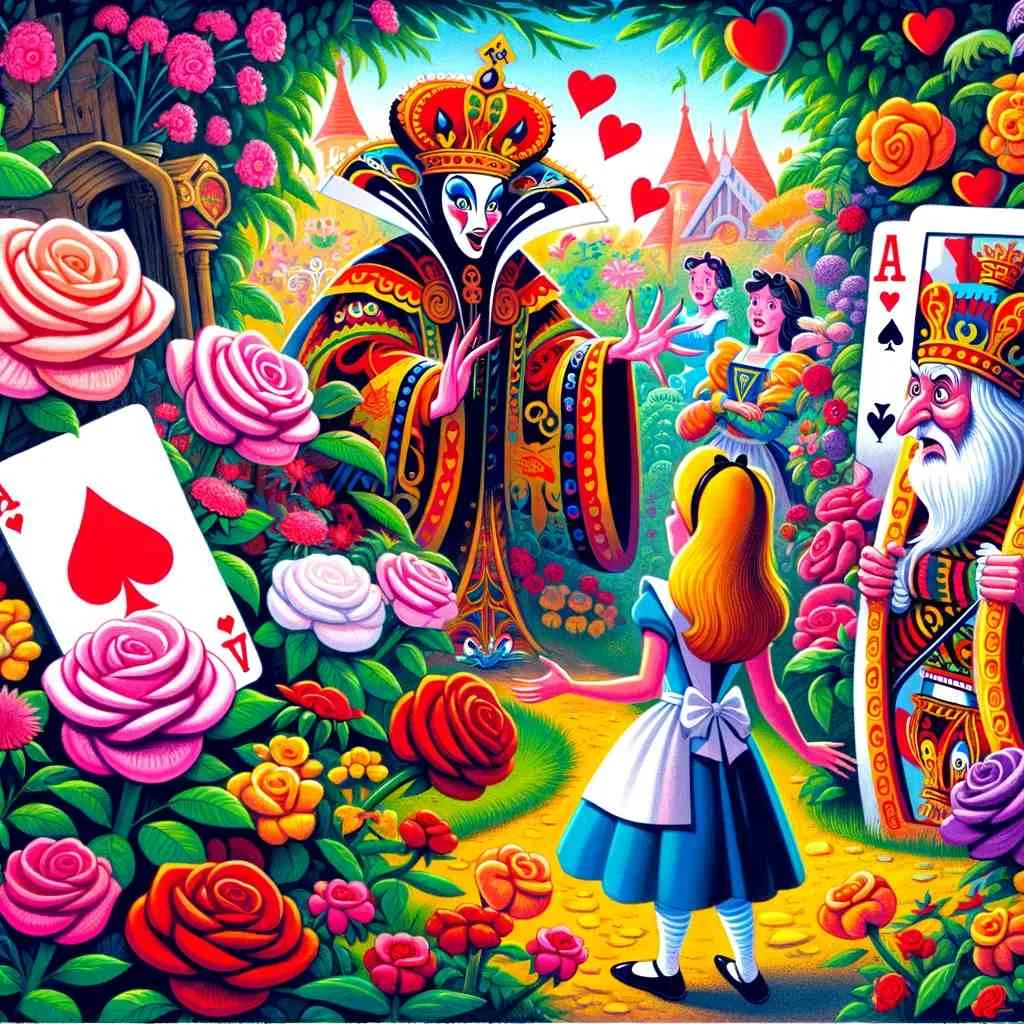 the gardener in alice in wonderland, shaped like the Two of Spades, discusses the mistake with the roses, and the Queen of Hearts makes her commanding entrance, noticing Alice in her garden