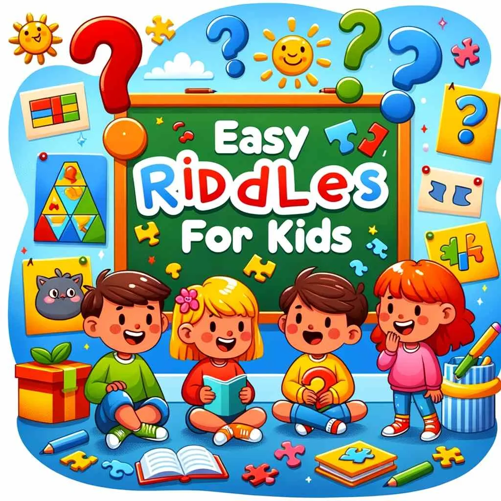 the image features kindergarder children happily solving easy riddles together in a cheerful setting.
