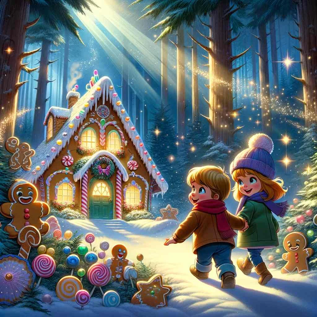 hansel and gretel image. two children full of awe and wonder, as they discover a whimsical candy and gingerbread house in a magical forest.