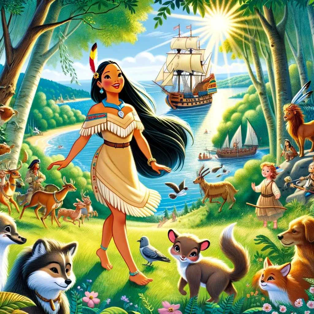 This image captures Pocahontas in a lush forest setting, surrounded by friendly woodland animals, with an English ship in the background. The bright blue sky and warm sunlight create a cheerful and welcoming atmosphere, perfect for sparking a child's imagination and sense of adventure