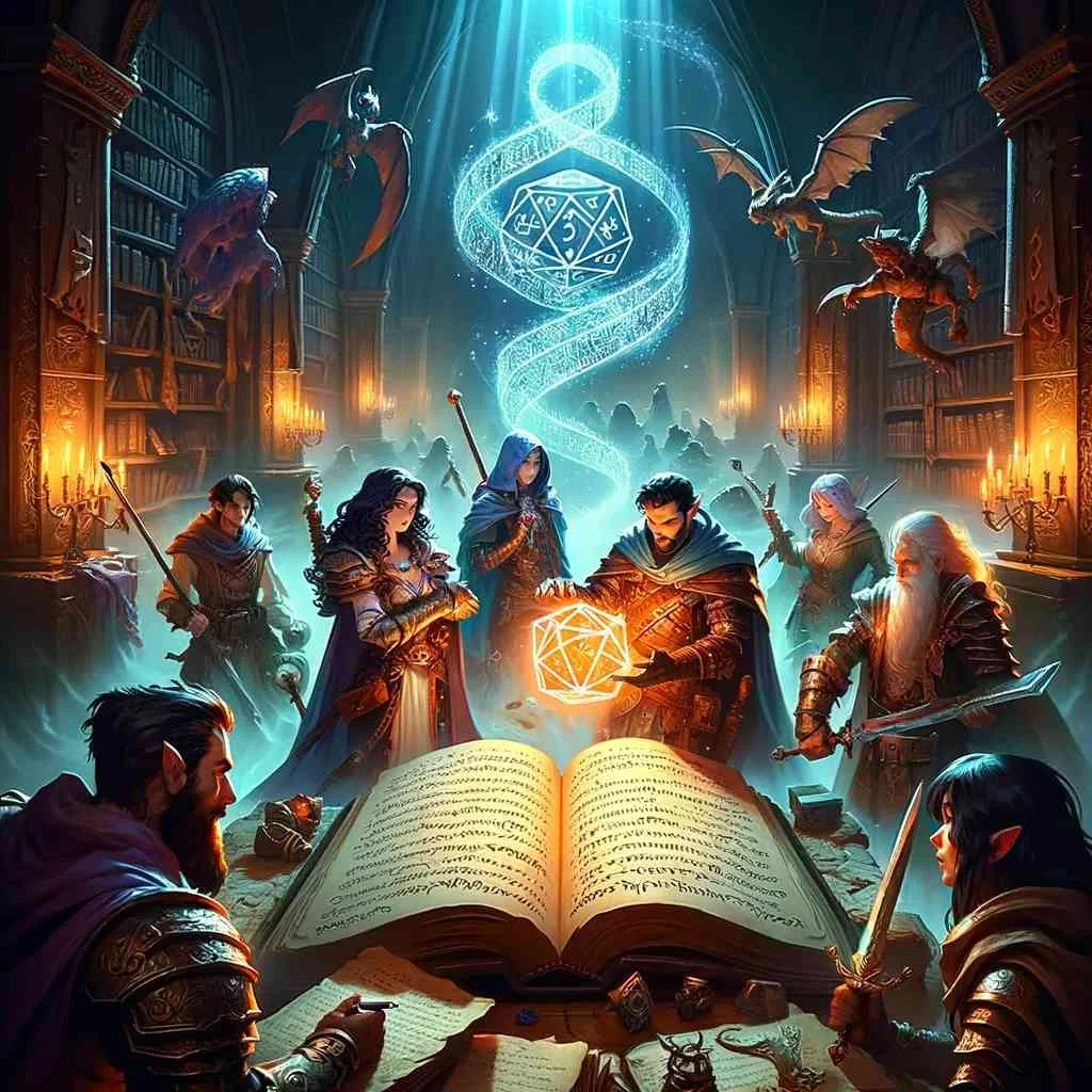 fantasy-themed image that captures the essence of a Dungeons and Dragons game enhanced by riddles.