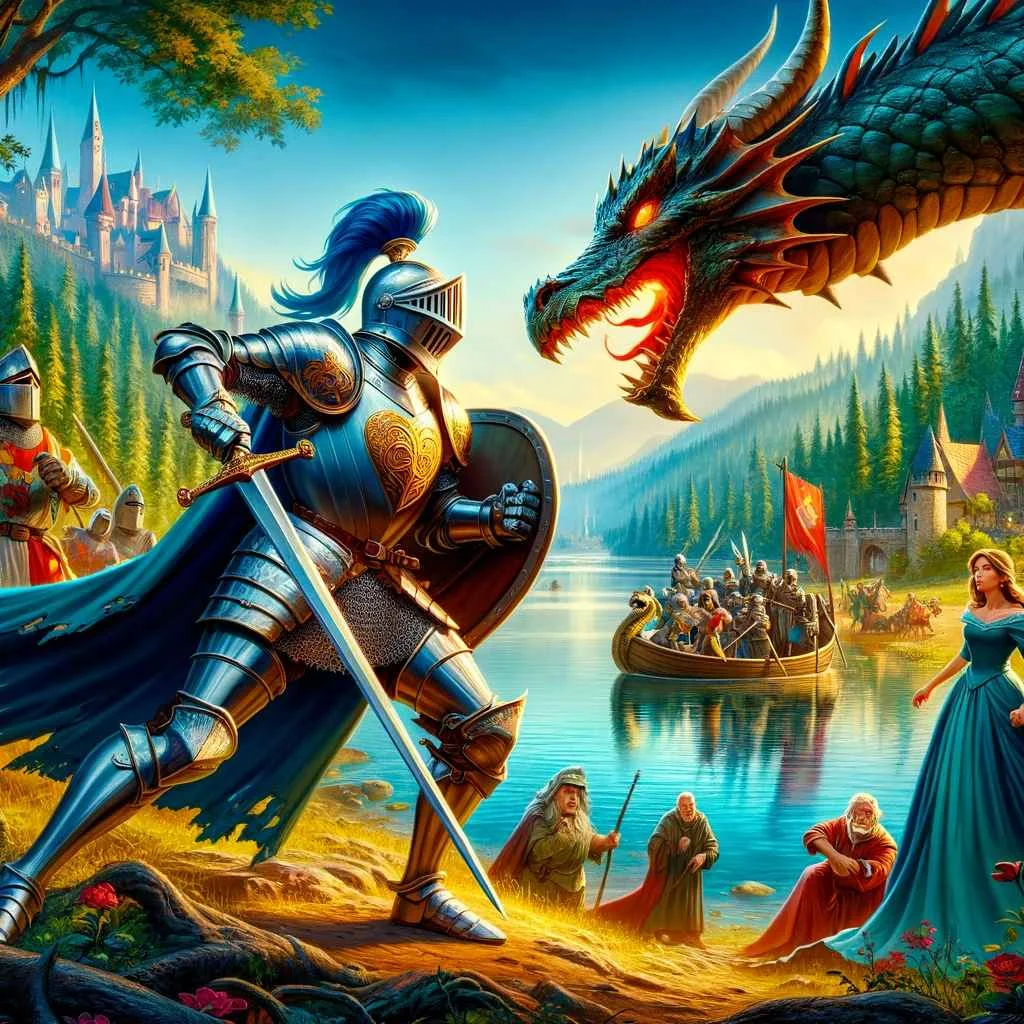 Saint George and the Dragon. The scene shows the valiant knight Saint George in shining armor, confronting the fearsome dragon near a lake. In the background, the princess watches anxiously, and the townspeople are seen observing from a distance, all set against a medieval landscape.